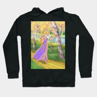 Autumn girl with doves among the birch trees Hoodie